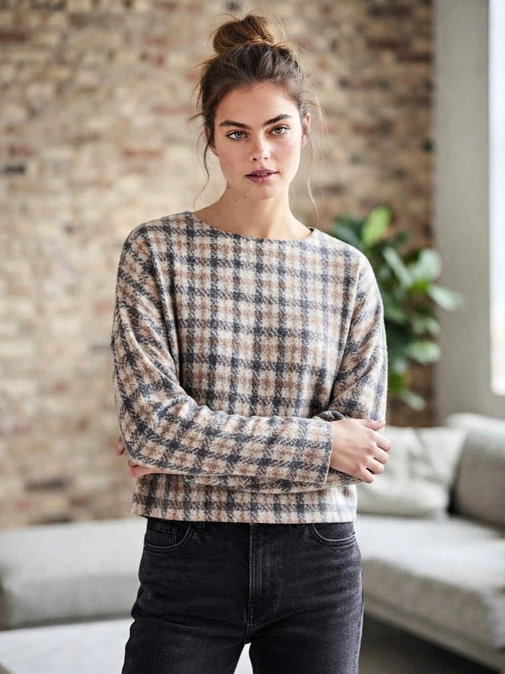 H&M Houndstooth Crew Neck Dolman Sleeve Sweater in Brown & Gray Size Medium